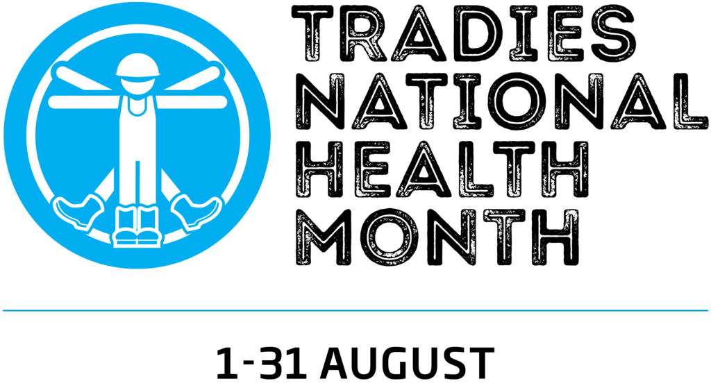Tradies National Health Month logo showing two cartoon men wearing construction hats in the blue and white circle