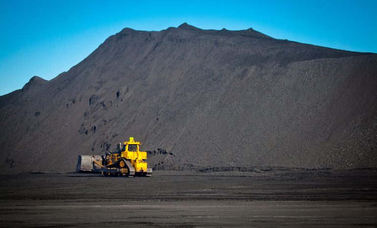 Bulldozer,In,Coal,Mine,,Yellow,Digger,Moves,Coal,In,Front
